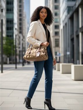 ✨ AUTHENTIC ✨Prada Vintage Tessuto Gaufre Ruched Nylon Satchel Handbag-Tan/Beige